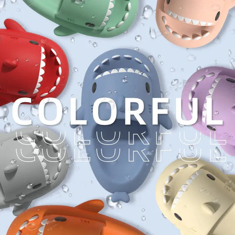 CozySteps Unisex Shark-Pattern EVA Flip-Flops (US 6–12) by CozySteps.uk, featuring playful and colorful shark designs. The word COLORFUL appears in bold white-outlined letters at the center of a light, water-dropped background.
