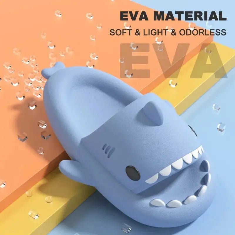 CozySteps.uk CozySteps Unisex Shark-Pattern EVA Flip-Flops (US 6–12) in blue, shown on a vibrant background with clear cubes. Text: EVA MATERIAL—soft, light & odorless. Fun and comfy unisex platform sandals for everyone.