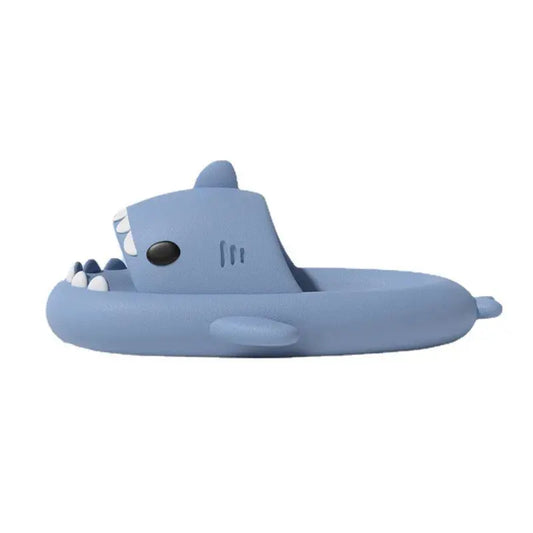 Pair your CozySteps Unisex Shark-Pattern EVA Flip-Flops (US 6–12) by CozySteps.uk with a blue inflatable pool float shaped like a shark, featuring cartoon eyes, fins, and an open mouth for added fun and safe poolside comfort.
