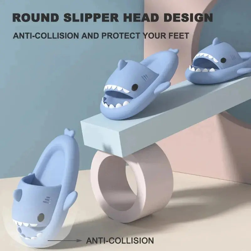 Three CozySteps Unisex Shark-Pattern EVA Flip-Flops (US 6–12) by CozySteps.uk, shaped like cartoon sharks, are shown on geometric shapes. Image text: ROUND SLIPPER HEAD DESIGN, ANTI-COLLISION AND PROTECT YOUR FEET, ANTI-COLLISION.