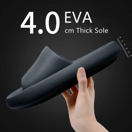 A hand holds the CozySteps Unisex EVA Beach & Bathroom Flip-Flops –US 6–12 by CozySteps.uk, featuring a thick, textured 4.0 cm non-slip quick-dry EVA sole for superior comfort on a dark background.